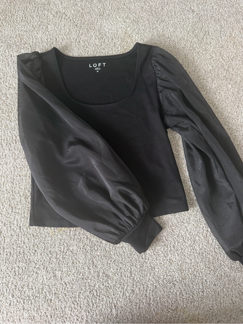 LOFT Black Puff-Sleeve Scoop Neck Top